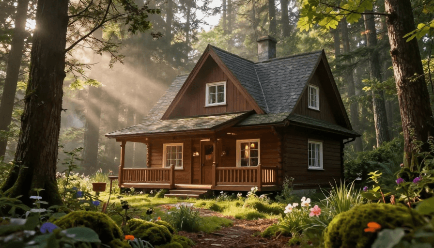 细节纹理素材：晨光透林：宁静森林小屋实景
