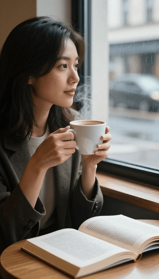 都市生活素材：雨窗咖啡时光：都市女子的静谧独享瞬间