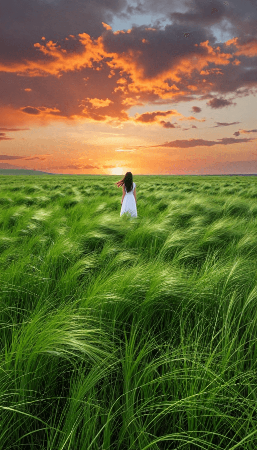 草原风景素材：夕阳草原白裙剪影：绿意燃烧中的诗意定格