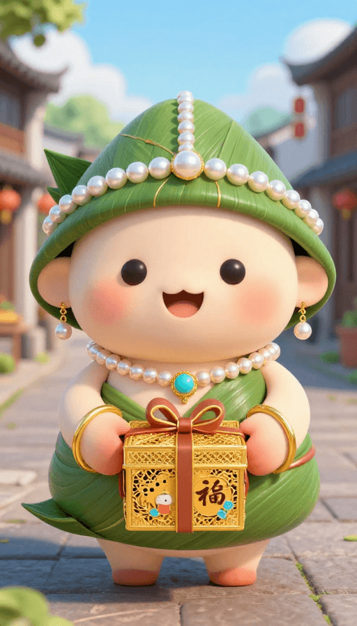 卡通人物素材：俏皮皮克斯风粽子宝宝送黄金礼盒祝福