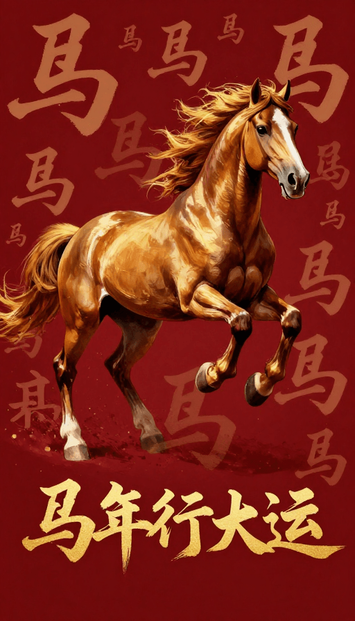 深红背景素材：深红金棕·书法骏马：马年行大运海报