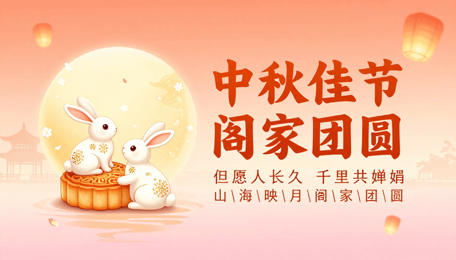 国风插画素材：中秋佳节团圆海报，暖橙粉渐变国风插画设计