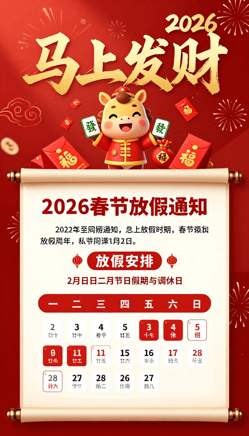 放假通知素材：2026春节喜庆海报：马上发财福满门