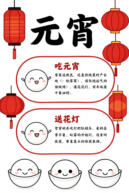 元宵节素材：红白黑元宵手绘插画海报喜庆扁平风