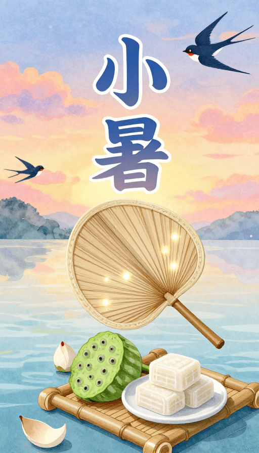 小暑素材：清新手绘·小暑剪纸艺术海报：夏夜萤火伴凉意