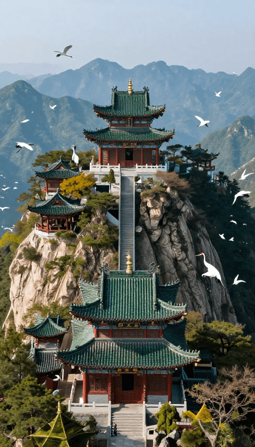 超清风景素材：巍峨高山上的鳞次栉比古建与绿瓦道观