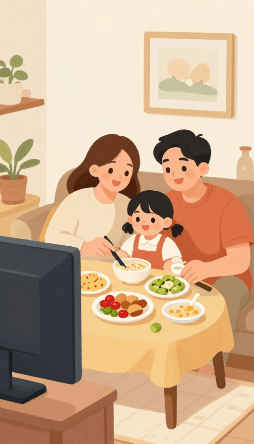 情感共鸣素材：幸福家庭温馨晚餐插画：三代同堂共赏电视时光