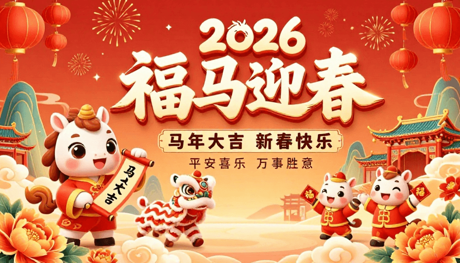 春节主题素材：福马迎春2026春节海报：喜庆中国风插画设计