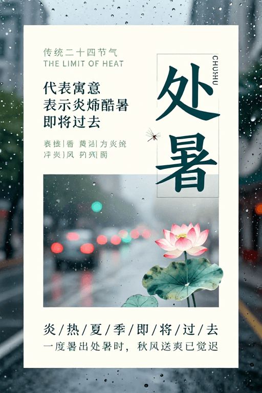 处暑节气素材：处暑：青灰水墨意境下的东方美学节气海报