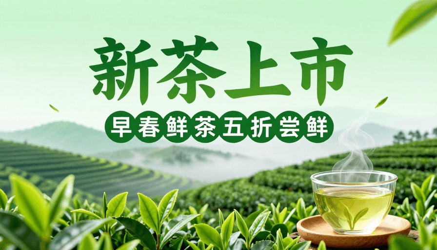 春季新茶素材：春日新茶上市：清新茶园与鲜茶特写宣传海报