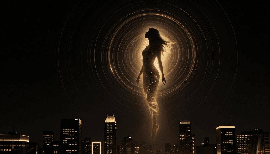未来主义设计素材：宇宙金辉女性剪影：时空都市科幻海报