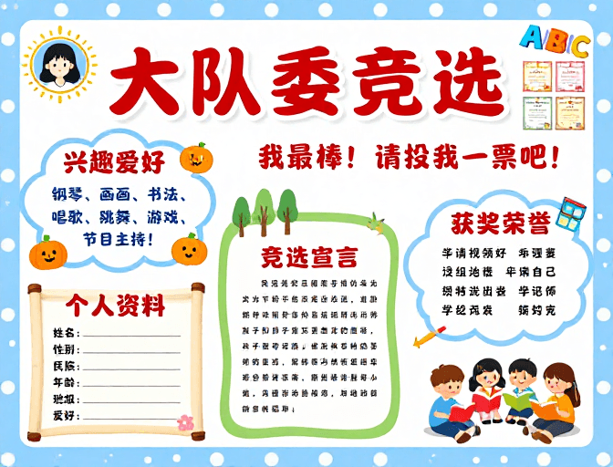 活泼设计素材：活泼童趣：小学生大队委竞选海报设计展示