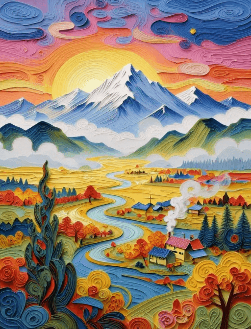 童话氛围素材：秋霞漫湿地，雪山炊烟间的童话插画
