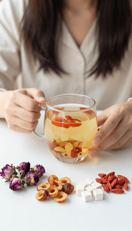 健康生活方式素材：女性养生：桌前品玫瑰桂圆茯苓枸杞茶