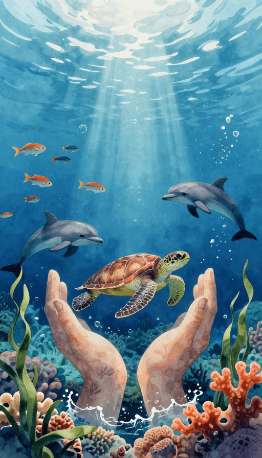 水下风光素材：深蓝守护：珊瑚礁生态与人类责任的艺术插画