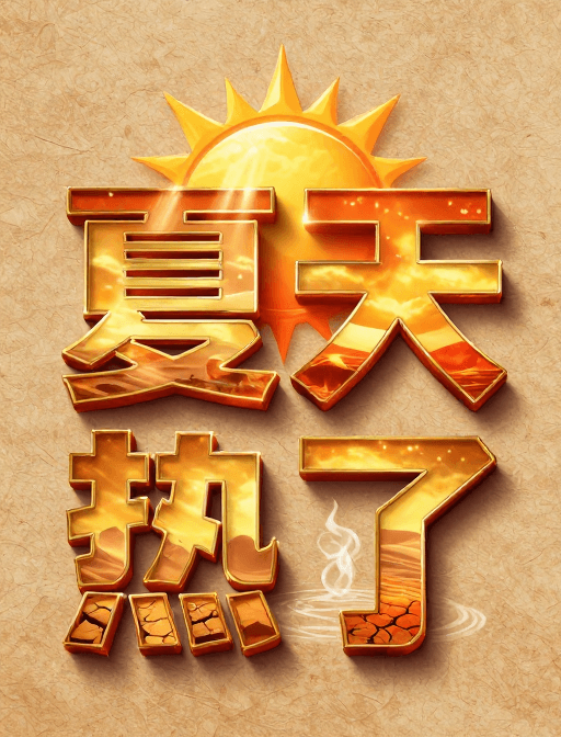 立体字幕素材：烫金立体字‘夏太热’烈日沙漠几何艺术