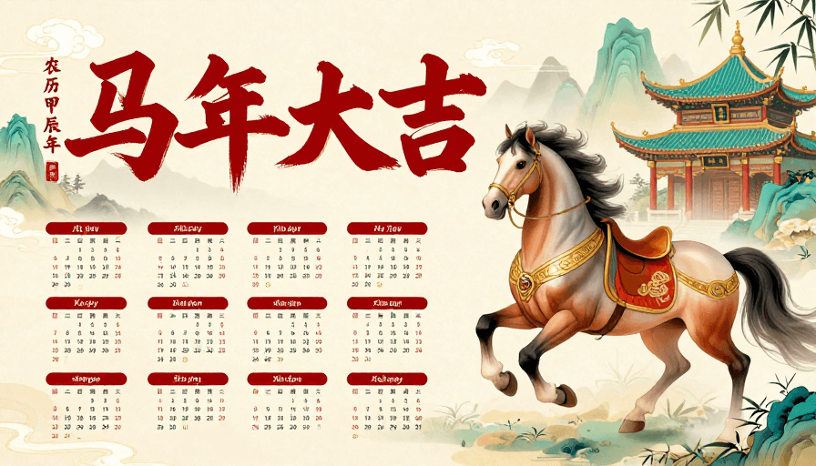 马年素材：新中式马年大吉日历插画