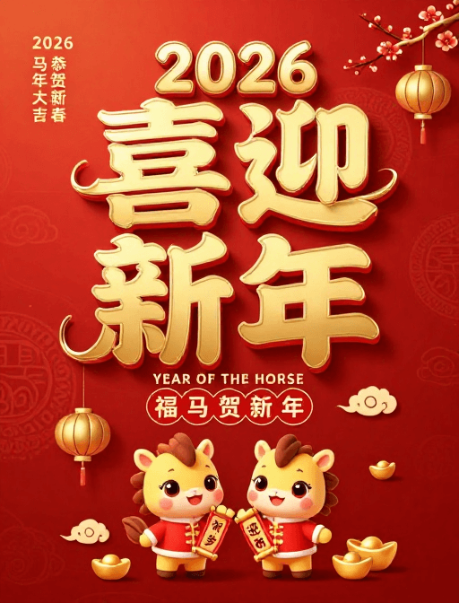 金色立体字素材：喜迎新年2026马年大吉红色喜庆插画