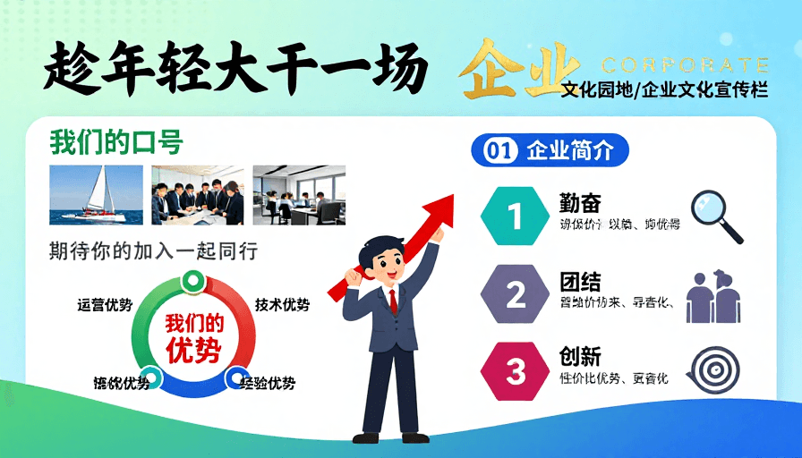 科技风格素材：活力企业文化宣传海报：科技蓝绿渐变与年轻化设计