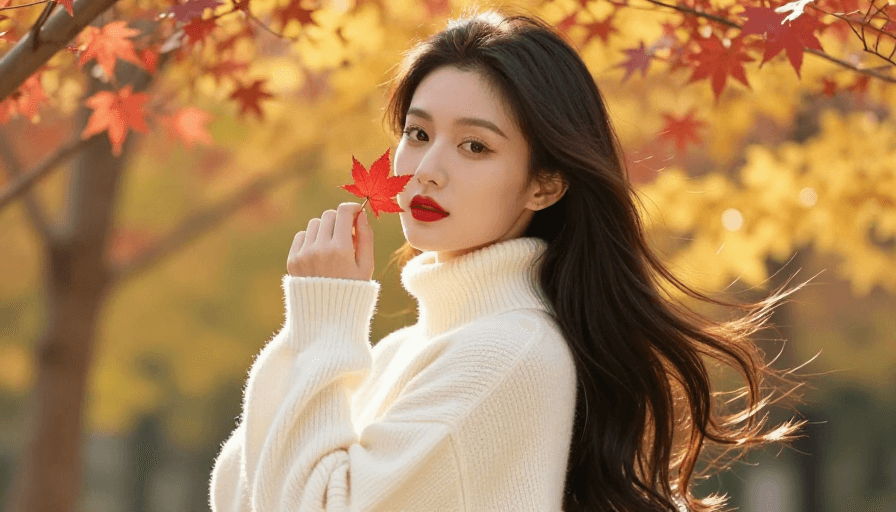 广告级人像素材：秋韵美人：枫叶轻抚下的温柔侧影