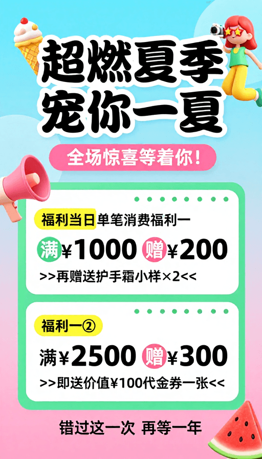 卡通形象素材：超燃夏日促销海报：清凉一夏惊喜不断