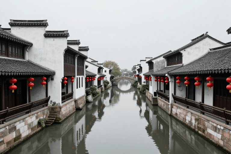 传统建筑素材：江南水乡古镇：白墙黛瓦与红灯笼的静谧之美