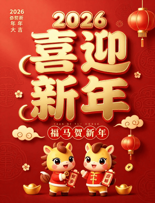 新年贺岁素材：2026马年喜庆新年金色立体艺术海报