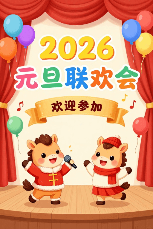手绘插画素材：2026元旦联欢会：温暖手绘插画校园欢乐庆典