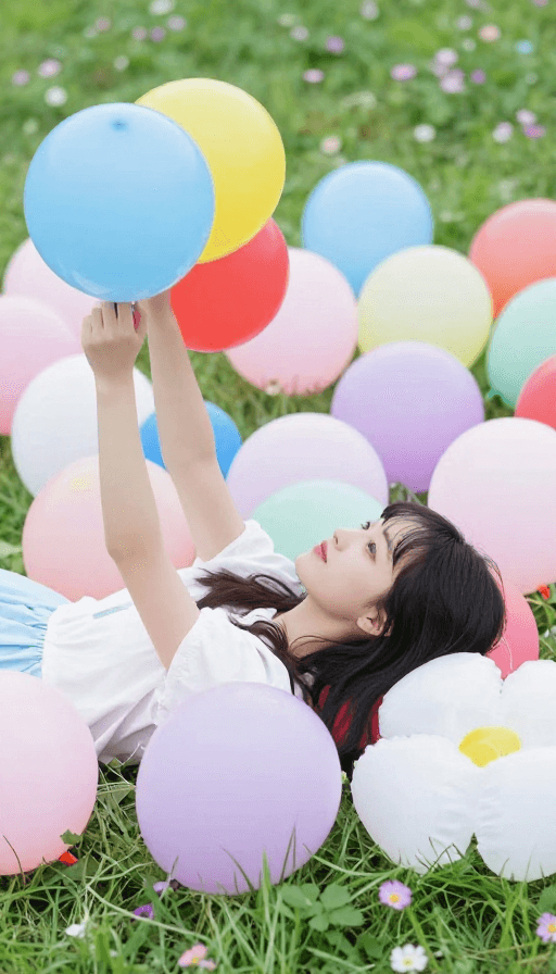 少女写真素材：清新活力：少女与缤纷气球草地实景合影