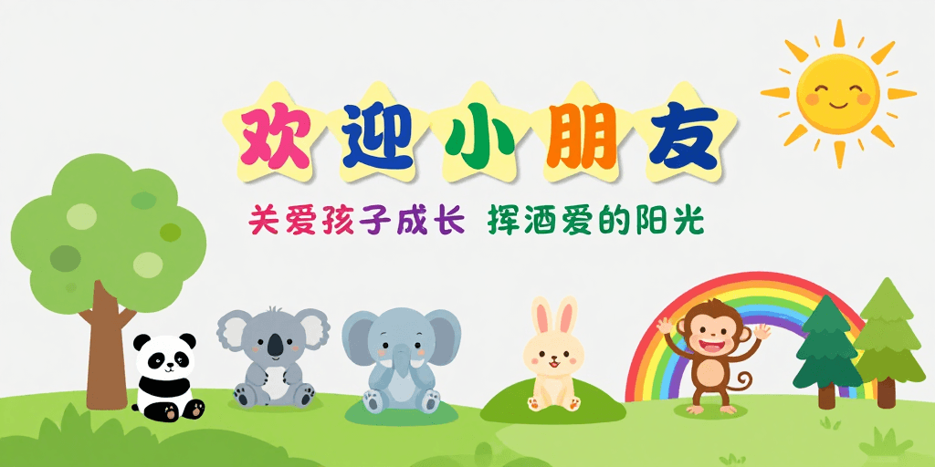 幼儿园装饰素材：童趣欢迎插画：多彩动物伙伴与温馨阳光