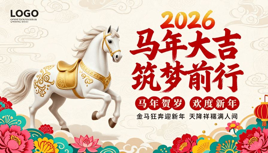吉祥寓意素材：2026马年贺岁：红金祥云骏马奔腾