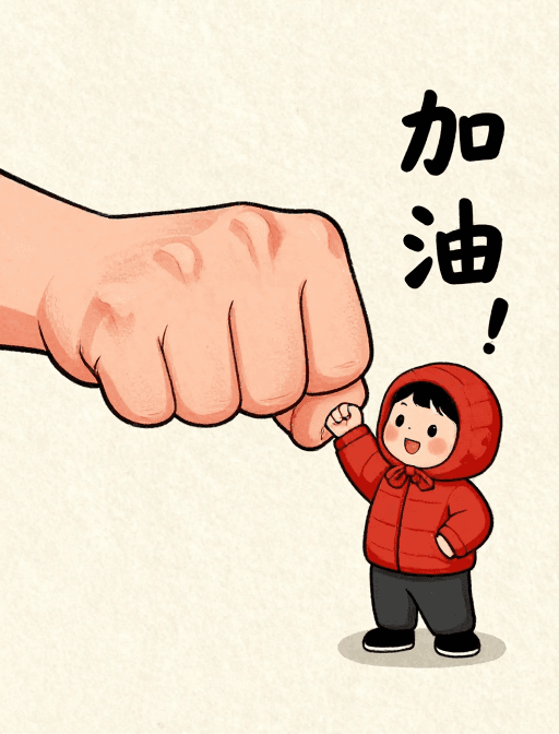 #创意互动素材：创意拳头互动插画：红色棉衣小孩加油鼓励