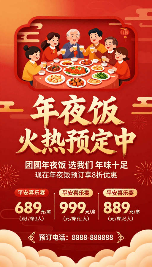 家庭团圆素材：团圆年夜饭火热预售中，8折优惠享喜庆新年