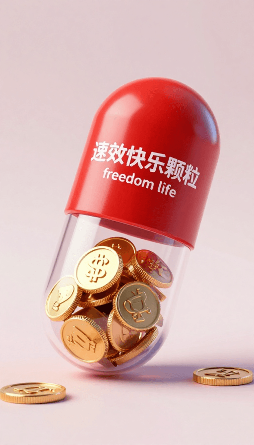 金色质感素材：速效快乐胶囊：金币闪耀的梦幻3D场景