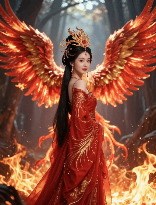 超清细节素材：涅槃重生：仙境火凤与美人的奇幻回眸
