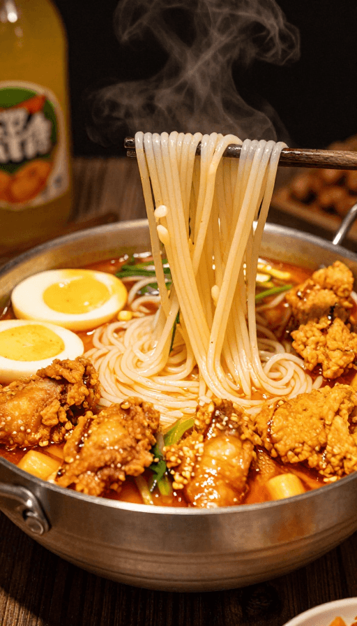 诱人食欲素材：深夜暖光下的米线与炸鸡：治愈系美食时刻