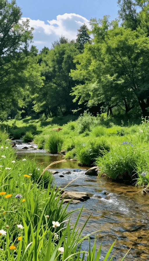 艺术展示素材：夏日静景：清澈溪流与翠绿森林的清新时光