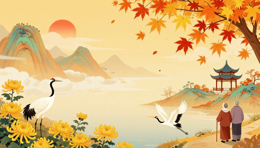 背景设计素材：金秋白鹤映菊丛：中式意境山水插画