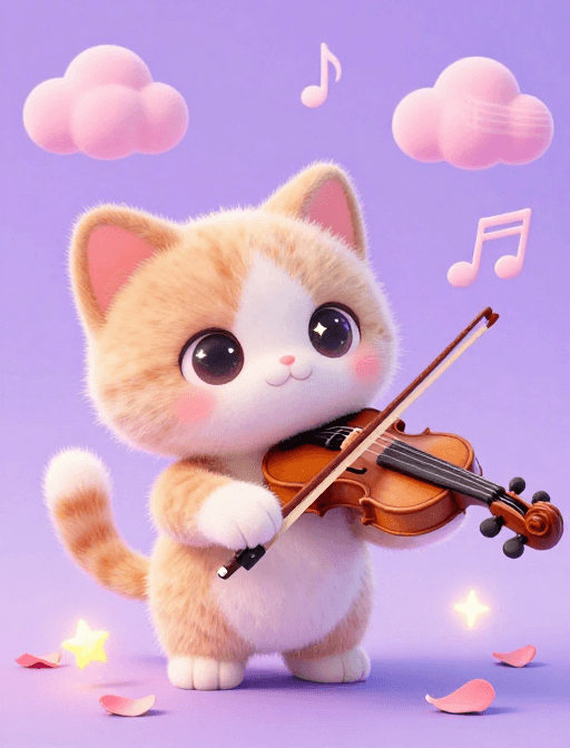 卡通小猫素材：萌趣Q版小猫拉小提琴，柔光星光点缀梦幻场景