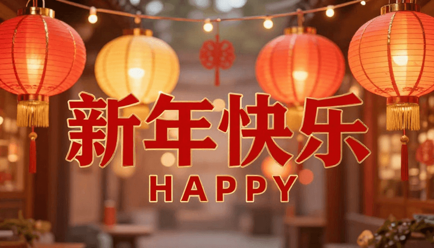 灯笼装饰素材：喜庆春节艺术字与灯笼暖光摄影