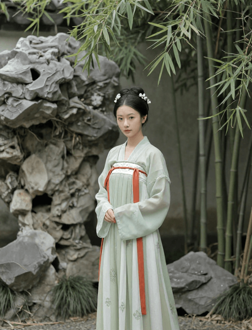 古典美学素材：新中式古典美：宋徽宗风格少女园林肖像