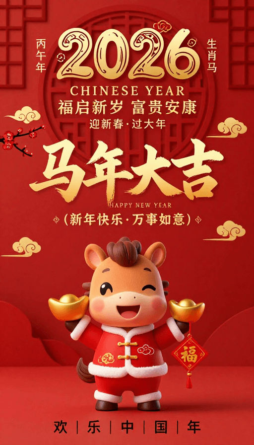 3D卡通素材：喜庆红金中国风新年海报，小马吉祥迎2026