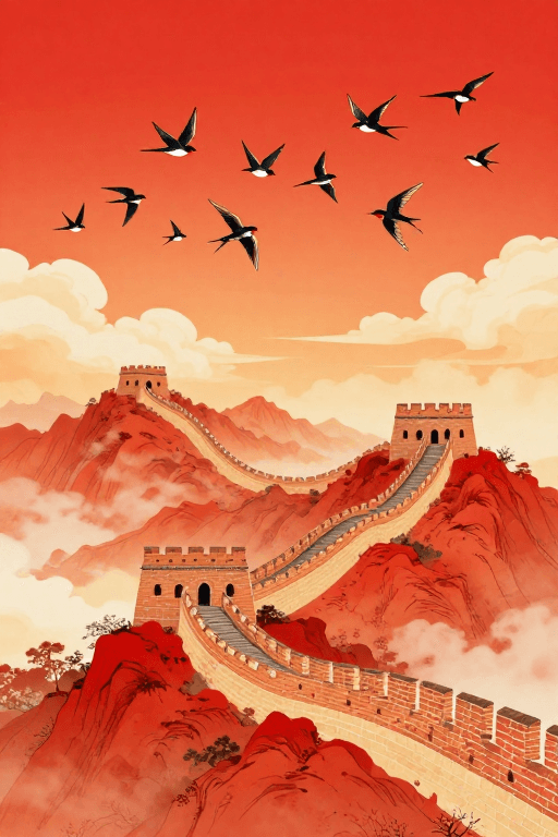 海报背景素材：朱红金橙长城飞鸟中国风插画