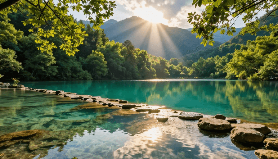 青绿金黄色调素材：碧湖岩滩光影秘境：自然与阳光的交响