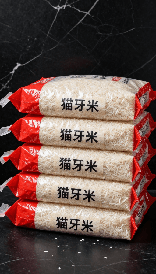 高清晰度实拍素材：雪白猫牙米四袋堆叠，黑底呈现高端质感