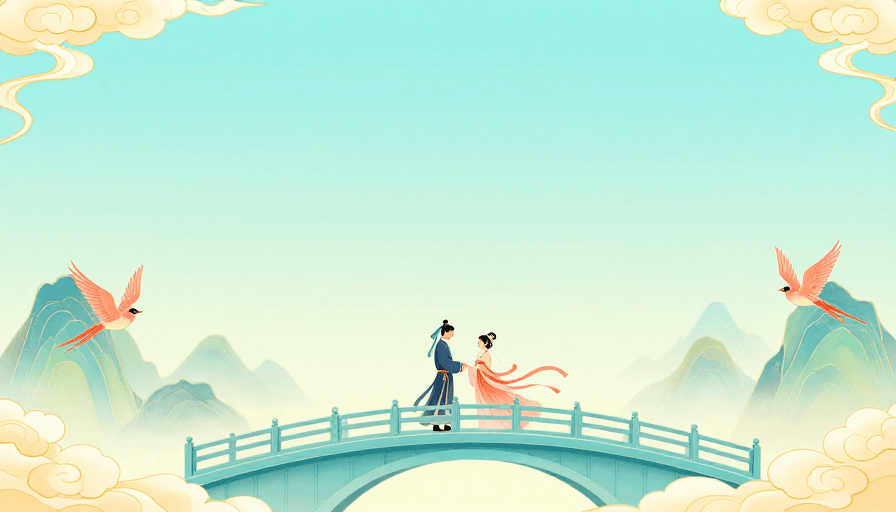背景图素材：中国风国潮插画：青蓝天空下的浪漫牵手