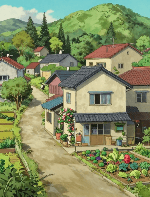 治愈系插画素材：宫崎骏风治愈乡村：爬藤花海与田园小菜园