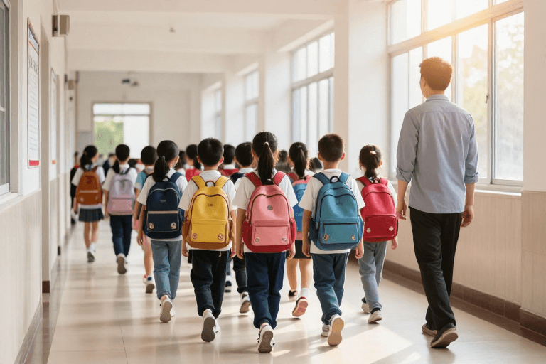 校园摄影素材：温暖光影下的课堂行进：小学师生队列实拍