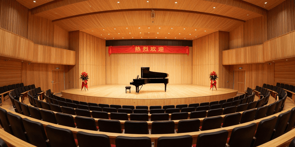 暖色调照明素材：现代音乐厅全景：暖光木质的艺术空间
