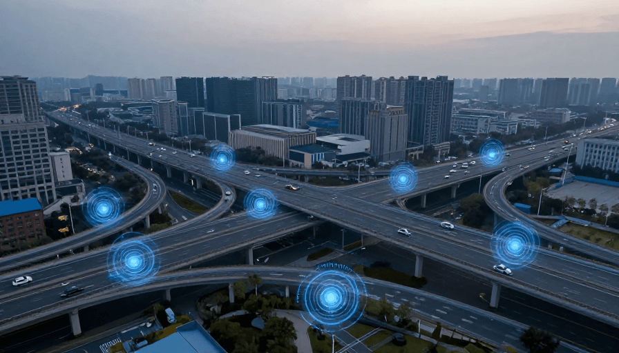 智慧城市素材：未来智慧城市：AI交通实时监测俯瞰图